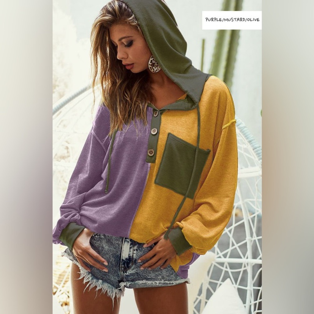 BiBi Mardi Gras French Terry Knit Color Block Buttoned Hoodie